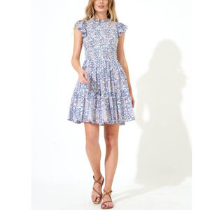 Oliphant Smocked Flirty Short Dress Blue Malta Block Print Cotton Tuckernuck XS
